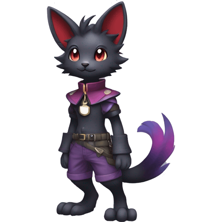 cool edgy anthro kawaii black purple red ethereal fantasy beautiful elegant nargacuga-Noivern-cat-Fakemon wearing a collar, cargo pants, full body emoji