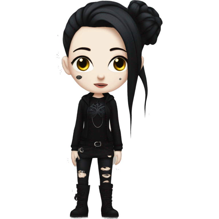 Goth girl, with very pale skin, dressed in black clothes, with body piercings and tattoos emoji