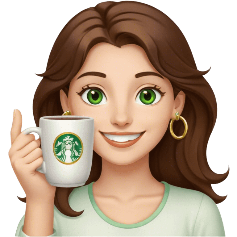 Long, Brown haired girl with middle hair part, green eyes, gold hoop nose ring, smiling, waving with one hand, coffee mug in the other emoji