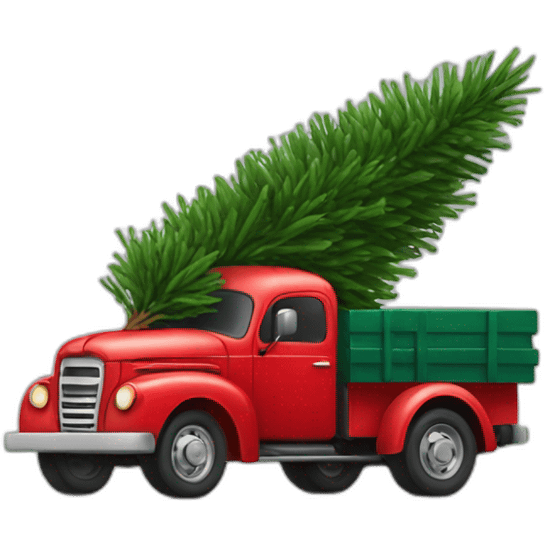 Red truck hauling a Christmas tree emoji