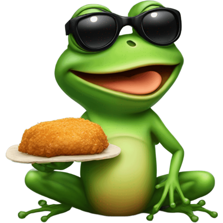 frog wearing sunglasses and eating a chicken emoji