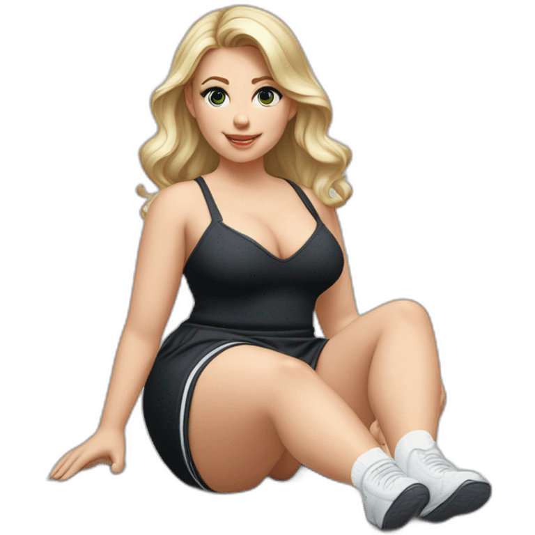 hyperrealistic-full-body-caucasian-curvy-beauty-sitting on the ground-small black-skirt-white knickers white socks emoji