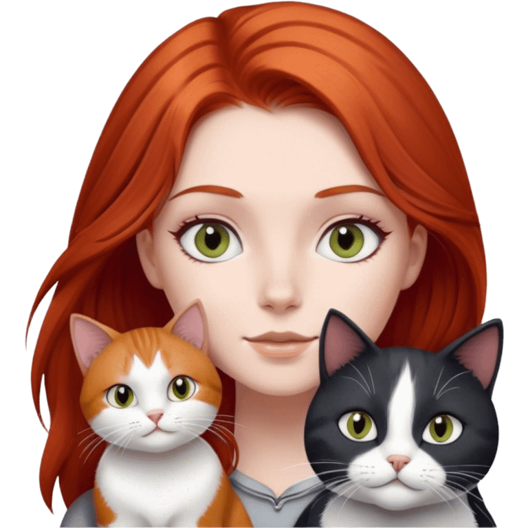 red haired girl grey eyes with black and white cat emoji