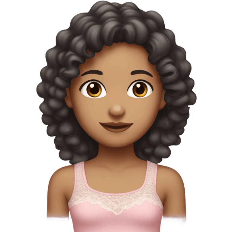 a girl emoji, mixed race, tan girl, dark grey almost black eye colour, long hair dark brown curls. Wearing a lace trim baby pink tank top with a small bow on shirt. emoji