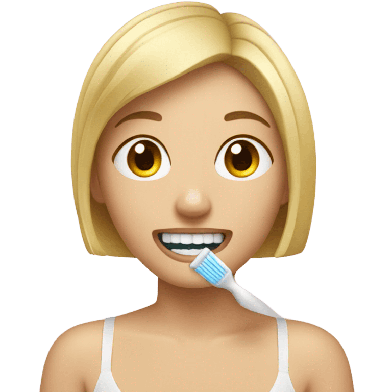 Blonde girl with short boy, cut brushing her teeth emoji