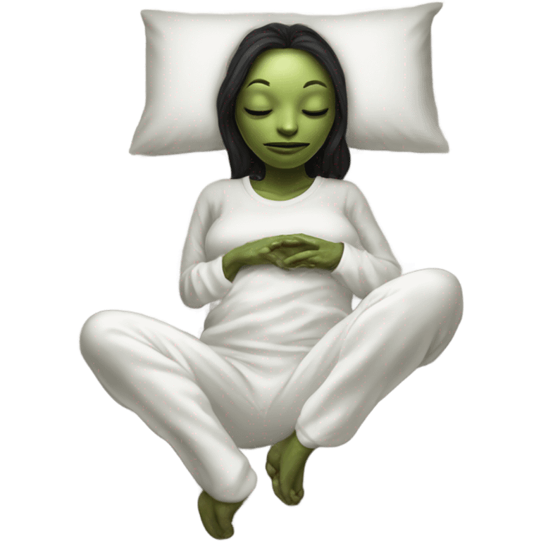 Reptilian alien woman, in white in pajamas, sleeping to bed emoji