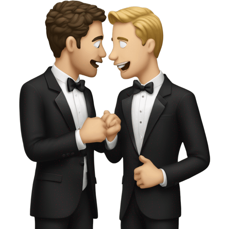 Two white guys kissing, black tuxedos emoji