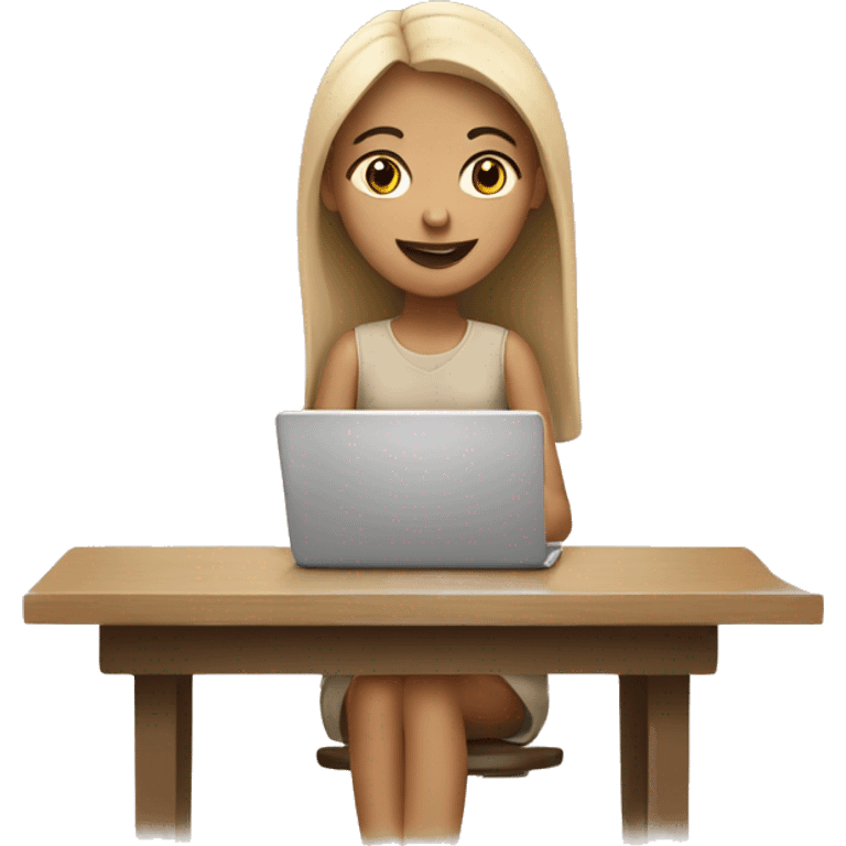 A girl at a table with a laptop with a cup of coffee in beige tones emoji