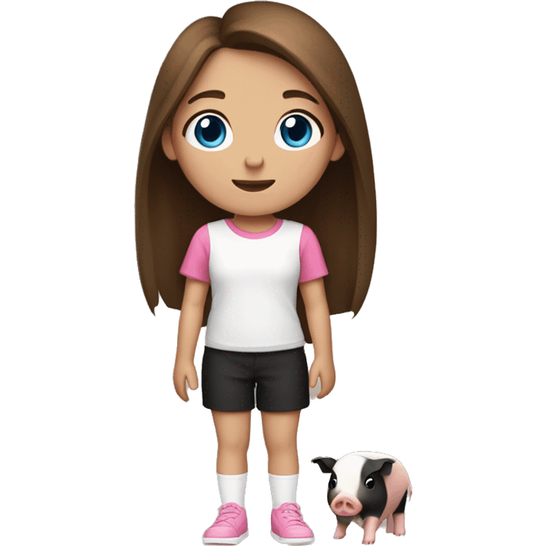 11 year old girlwith blue eyes, straight brown hair, pink shirt, black shorts and white shoes holding  a small black, brown and white gueani pig emoji