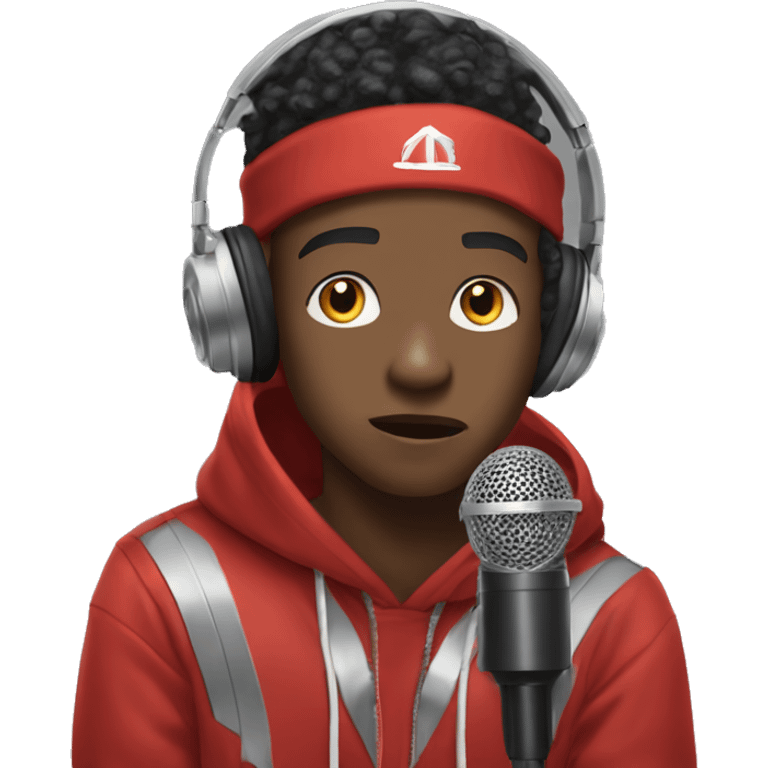 Young Black Rapper With silver headphones and a red hoodie, he grips the microphone, leaning in with intent. His gaze is focused, capturing a mix of confidence and passion as he prepares to sing. emoji