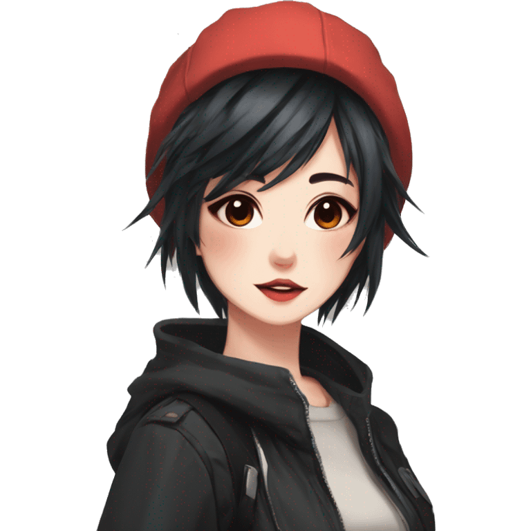 Gorgeous anime style tomboy-lady with blushing face aesthetic and pretty edgy black red punk hair with hair garment trending style emoji