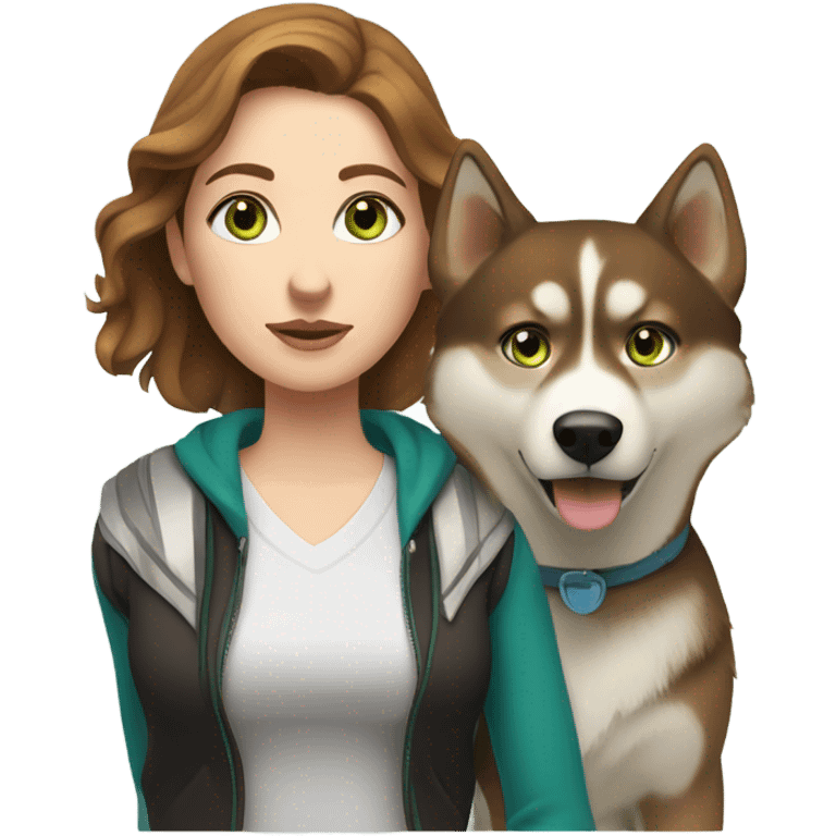 White Woman hair brown and bleus eyes and golden Husky With green eyes emoji