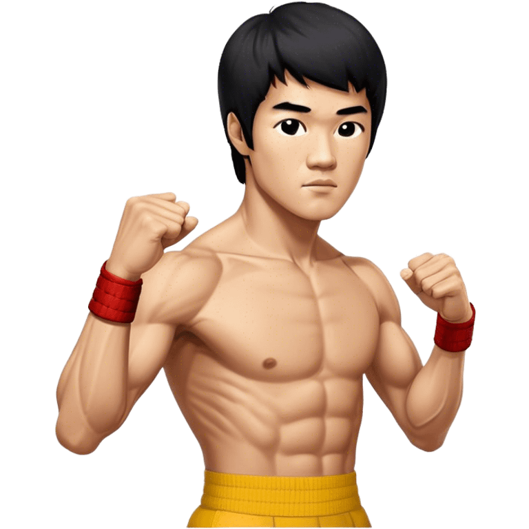 Cinematic Realistic portrait of Bruce Lee, shown as a legendary martial artist in a dynamic, powerful pose with modern athletic attire and finely detailed muscle definition, rendered in dramatic action lighting emoji