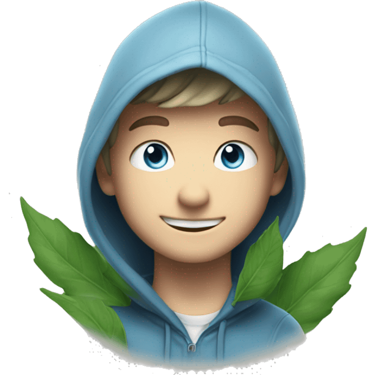 smiling Caucasian boy with blue eyes in hoodie surrounded by green leaves and smoke behind him emoji