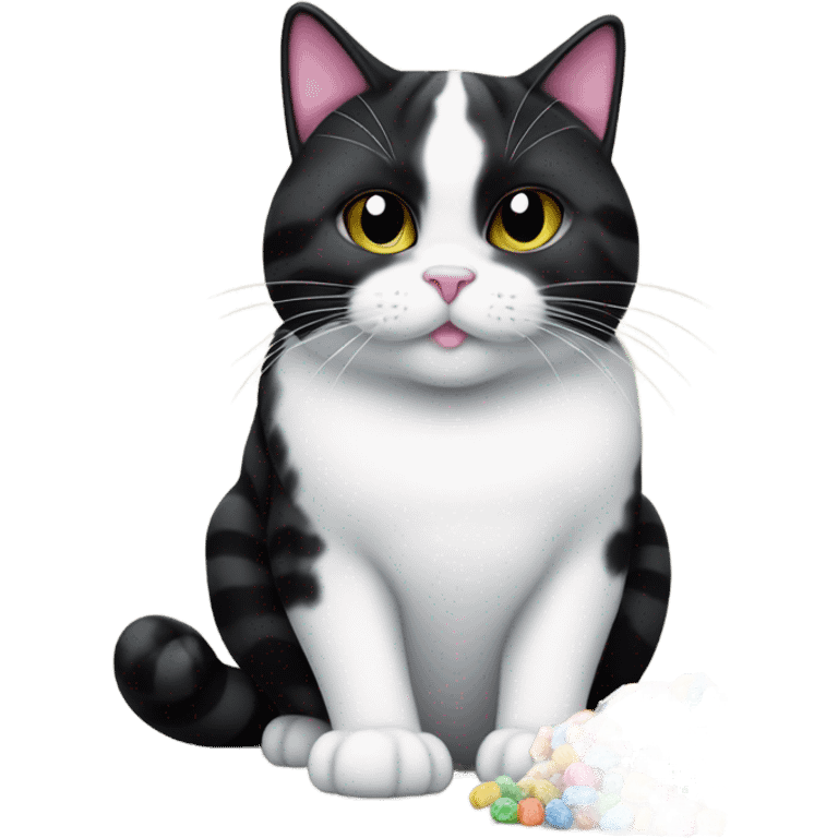 Chubby Tuxedo cat eating candy emoji