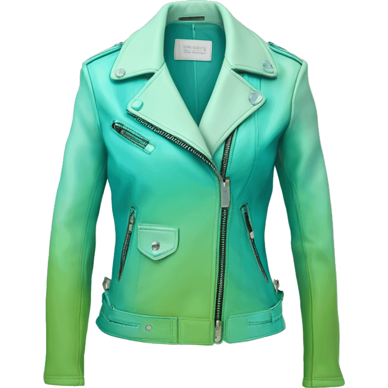 Hyper Realistic side view of an open tiffany blue ,pistachio green,sky blue and mint green ombre feminine fashion leather jacket. emoji