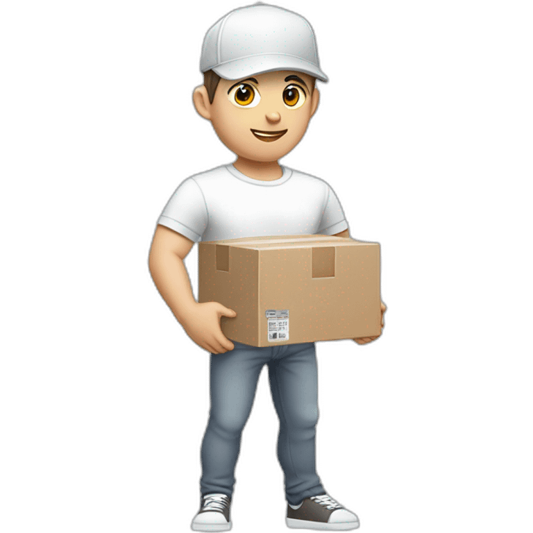 Pale skinned fit Man with dark brown hair in a white cap, gray jeans and gray polo T-shirt keeping a pasted with tape box into his hands emoji