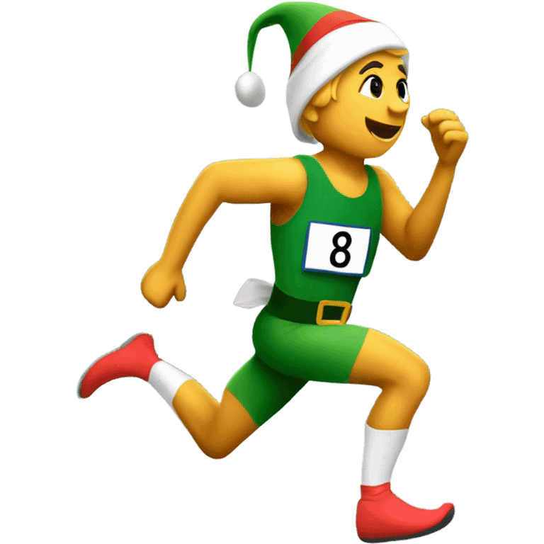 Elf running a marathon with a running bib on with the number 8 emoji