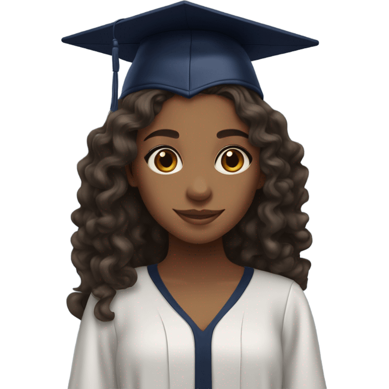 Brown girl wearing navy blue graduation cap with long curly dark brown hair emoji