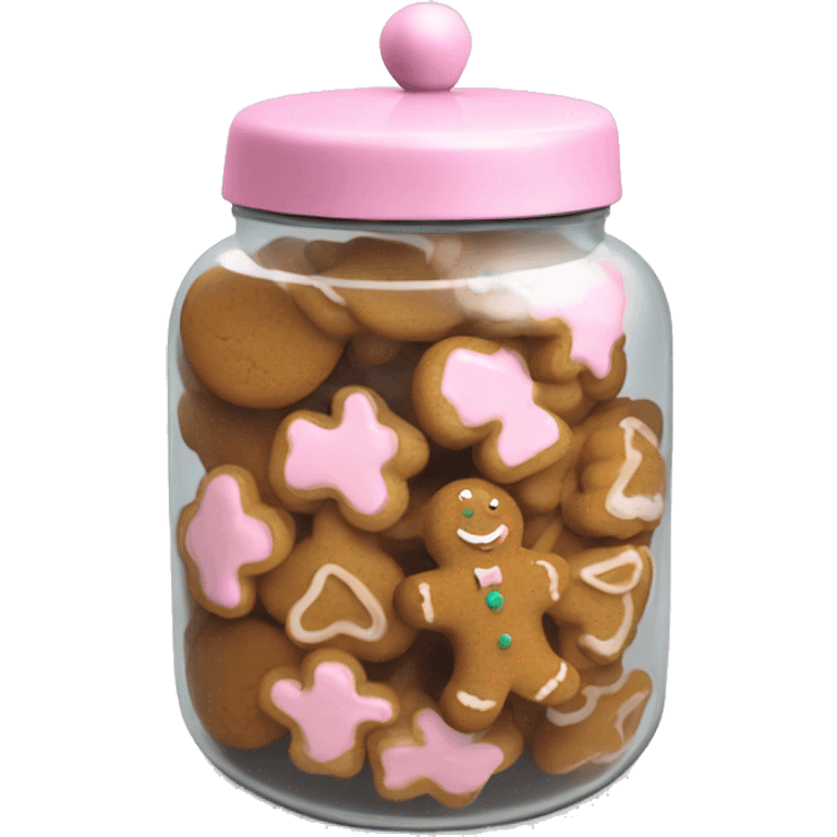 Realistic glass cookie jar with light pink lid full of gingerbread cookies isolated.  emoji