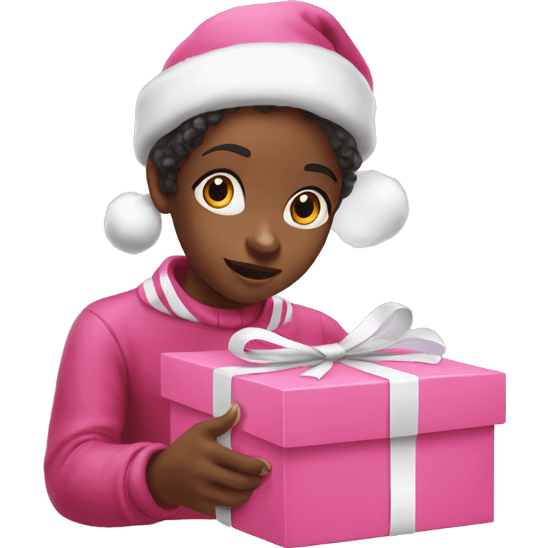 Black children opening pink Christmas gift boxes with ribbon emoji