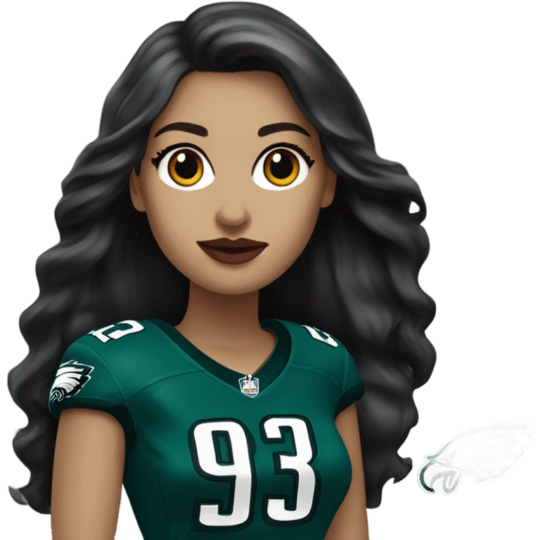 White female long dark hair red lips wearing Philadelphia Eagles jersey emoji