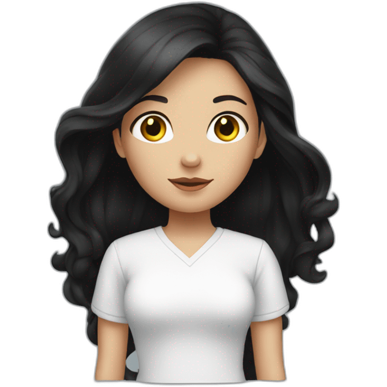 A girl with long black hair, brunette, wearing a white shirt emoji