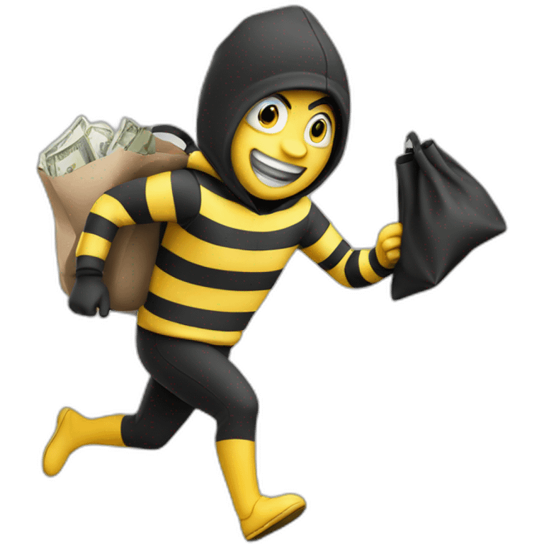 yellow thief running with bag of money, black and white striped clothes emoji