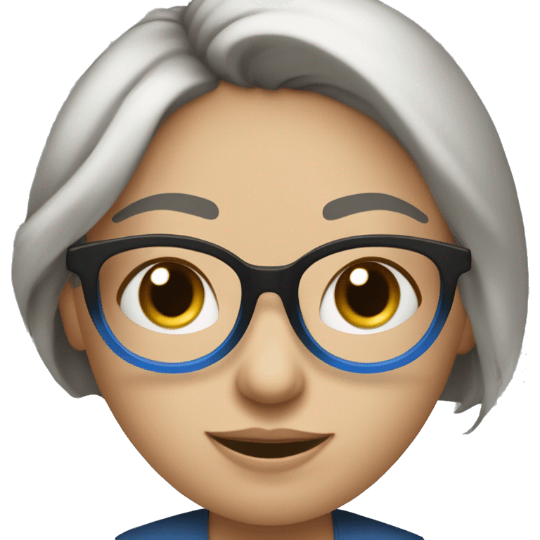 mujer de piel blanca con lentes,ojitos chinos,de color negro,pelo oscuro y recogido con una coleta,con blusa azul, emoji