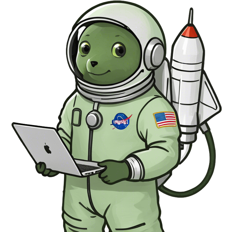 astronaut scientist with a rocket and a computer, on moon emoji