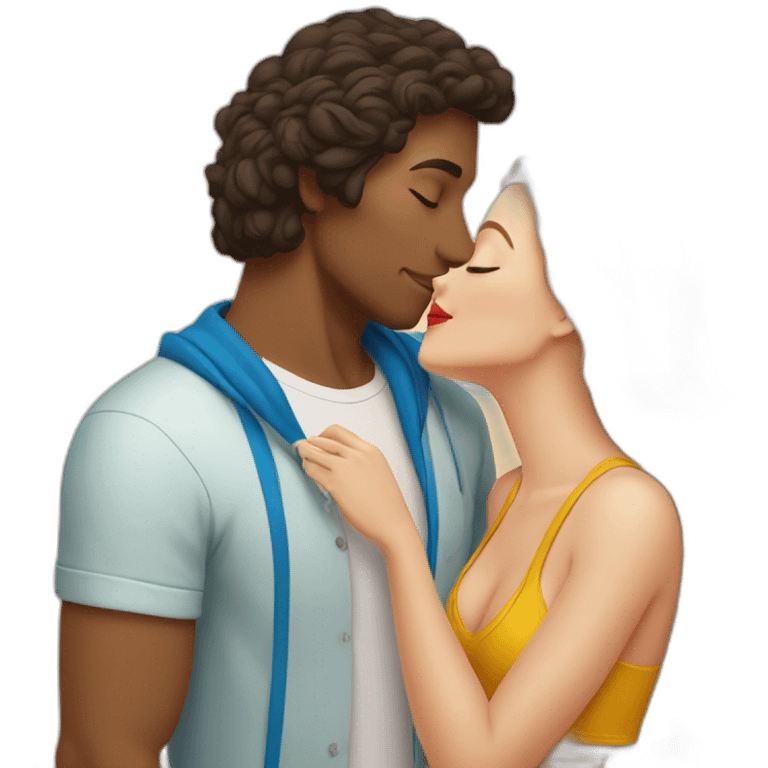 with beach clothes young metis man and white woman kiss love emoji