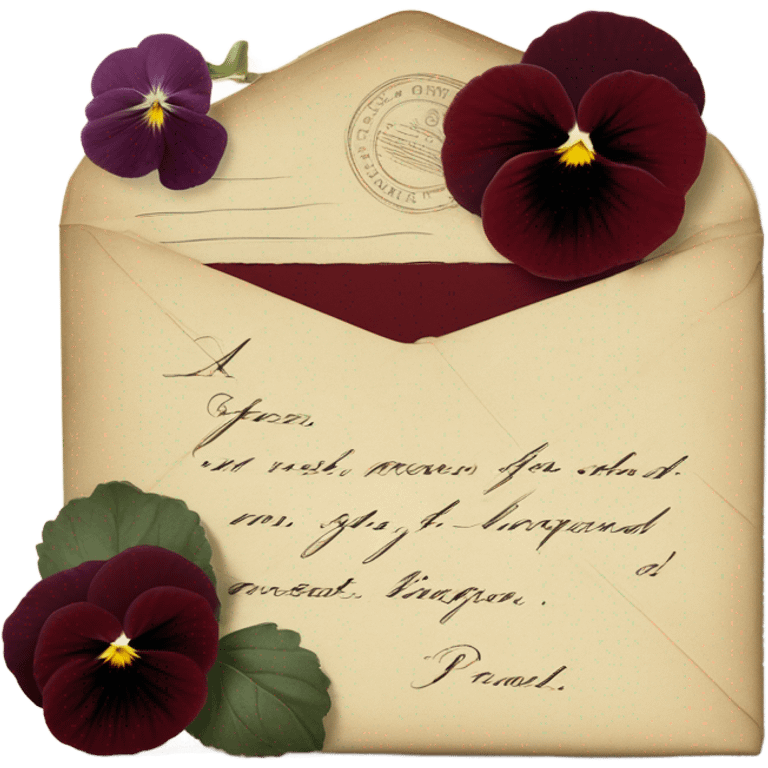 A vintage love letter with deep red pansies and a burgundy wax-sealed envelope
 emoji