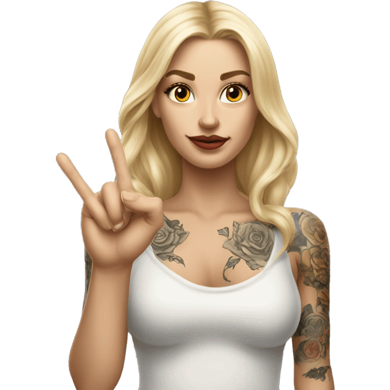 Blonde elegant women with LONG HAIR, her Body Covered with Tattoos, POINTING YOU FORWARD with her HAND with INDEX FINGER, Hyper Realistic emoji