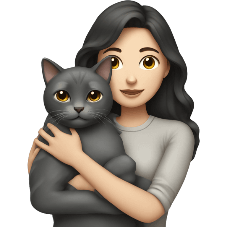  white woman with dark hair cuddling grey cat emoji