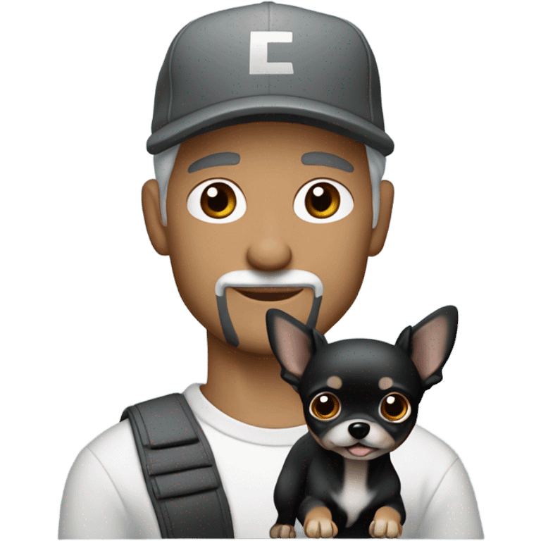 man blue eyes gray hair gray goatee in ball cap holding black longhair chihuahua  emoji