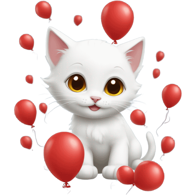 small white kitten and red balloons emoji