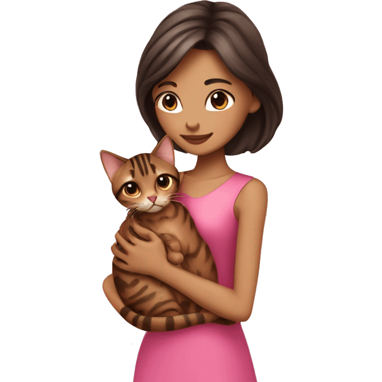 Beautiful skinny woman long dark brown hair in pink dress hug bengal cat emoji