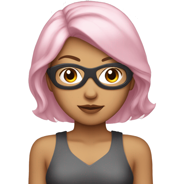 Light pink hair Asian Spanish woman wearing super hero mask emoji