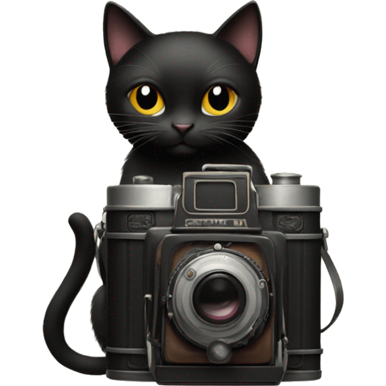 a black cat holding a vintage film camera emoji