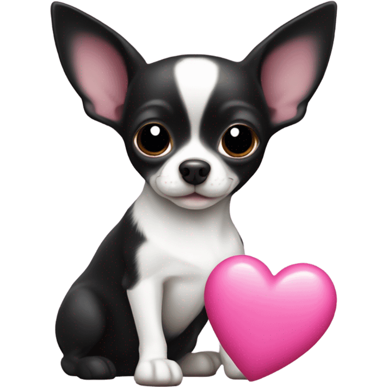 Black and white chihuahua with pink heart emoji