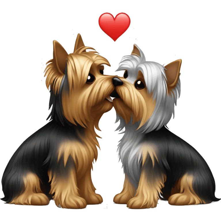 Two Yorkshire terriers kissing. One Yorkshire terrier is black and golden and the second Yorkshire terrier is silver and tan  emoji