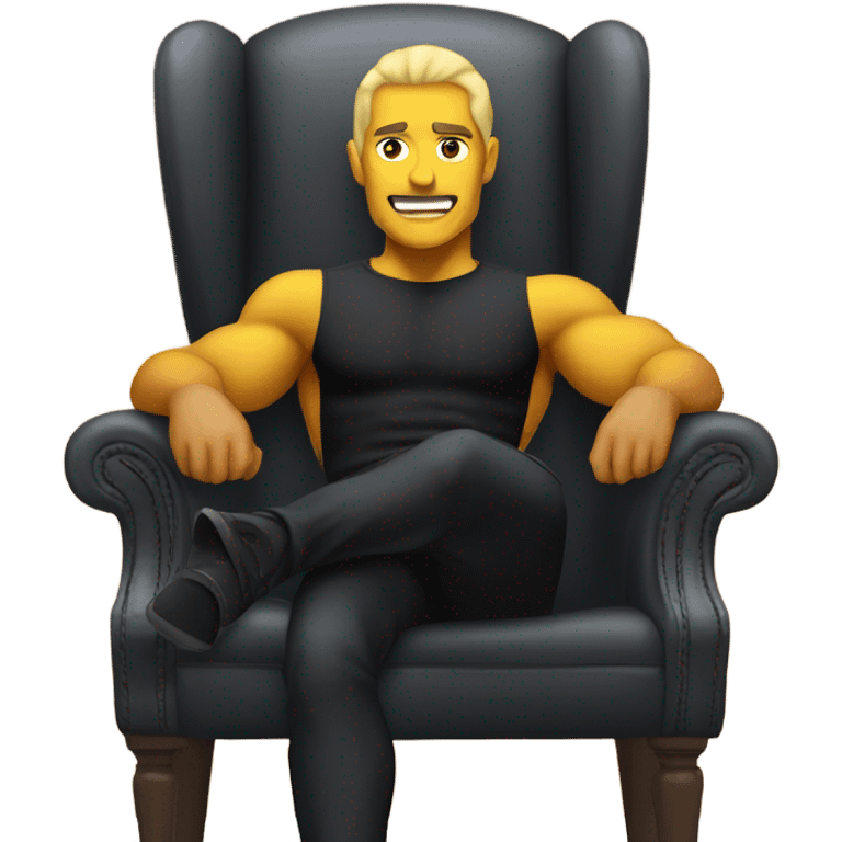 yellow muscle man in black turtleneck shirt sitting in chair emoji