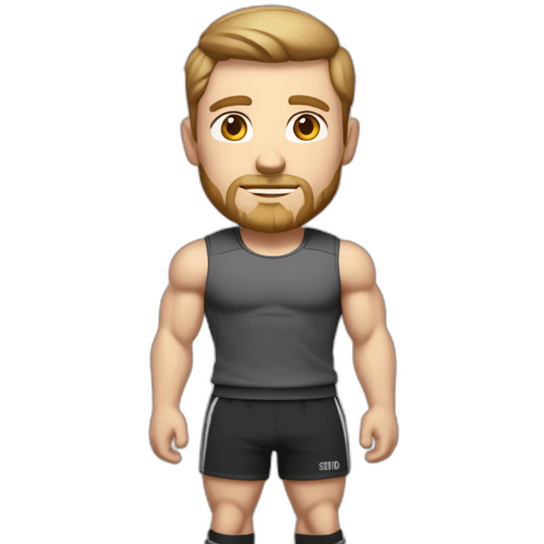 Full height Pale skinned fit man With biceps, Realistic eyes and mouth, light brown hair and stubble In dark gray sleeveless mike, black oversize sports shorts, watch and white sneakers. emoji