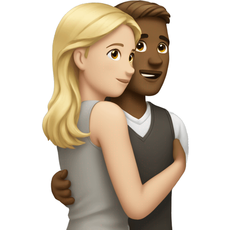 Blonde hair girl with brown hair man hugs emoji