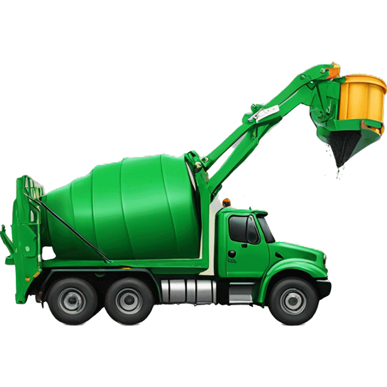 Green mobile compaction truck with a large, extendable arm from off the back of the truck and has a spiked round drum used to crush trash in an open-top dumster emoji