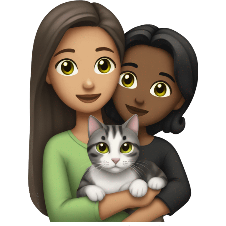 (brownskin girl with brown eyes and black hair) cuddling (one gray tabby cat with green eyes) emoji