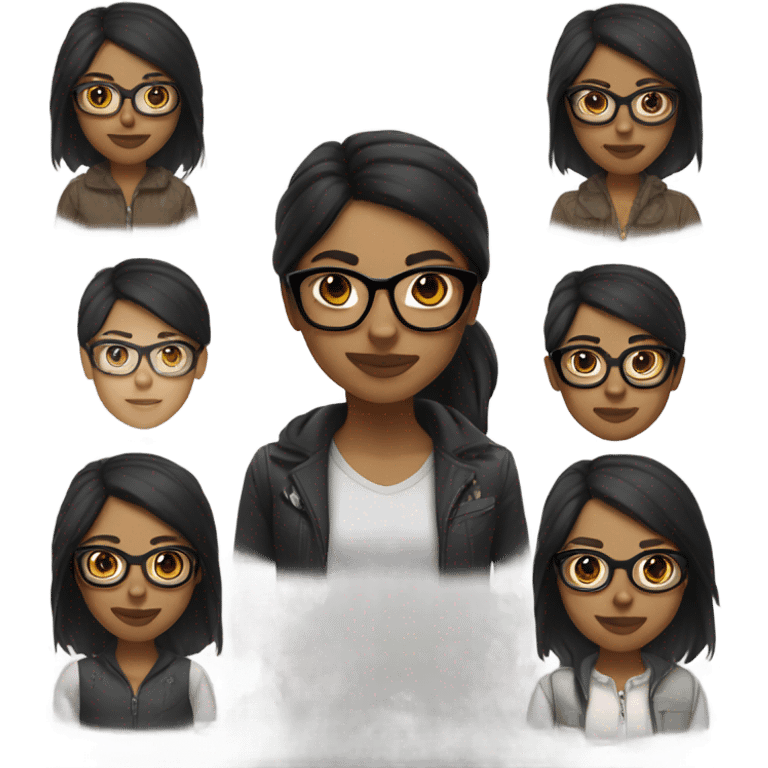 Girl with light tan skin tone, glasses, brown eyes, black hair with a wolf cut smiling emoji