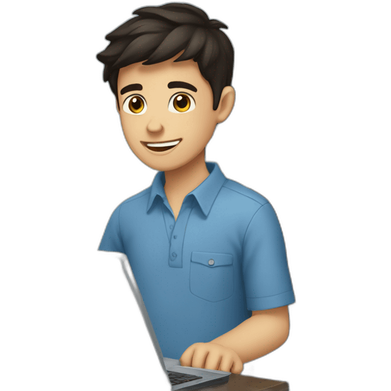 Dark-haired boy without a beard, young, with a computer and happy. With a blue shirt emoji