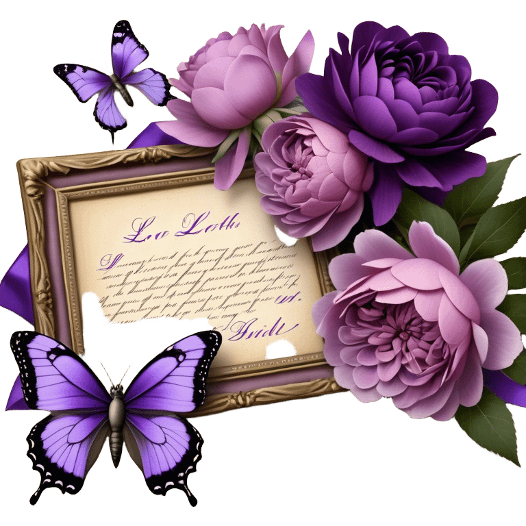 An antique love letter bundle, bound delicately with a purple silk ribbon, rests beside an arrangement of dried blush violet roses, lilac peonies, and soft purple dahlias, while a silver butterfly brooch adorned with pearls seems to pause, captivated by the deep violet inked calligraphy flowing across the aged parchment. emoji