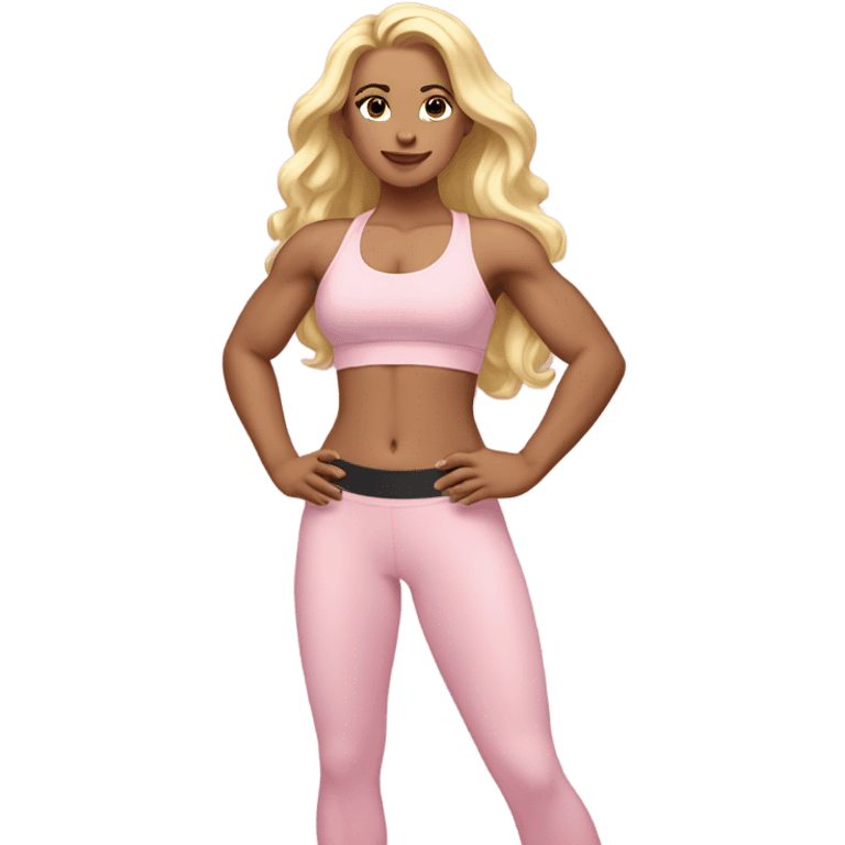 White woman, pale woman, long hair, blonde hair, wavy hair, baby pink sports bra, baby pink leggings, flexing right arm emoji